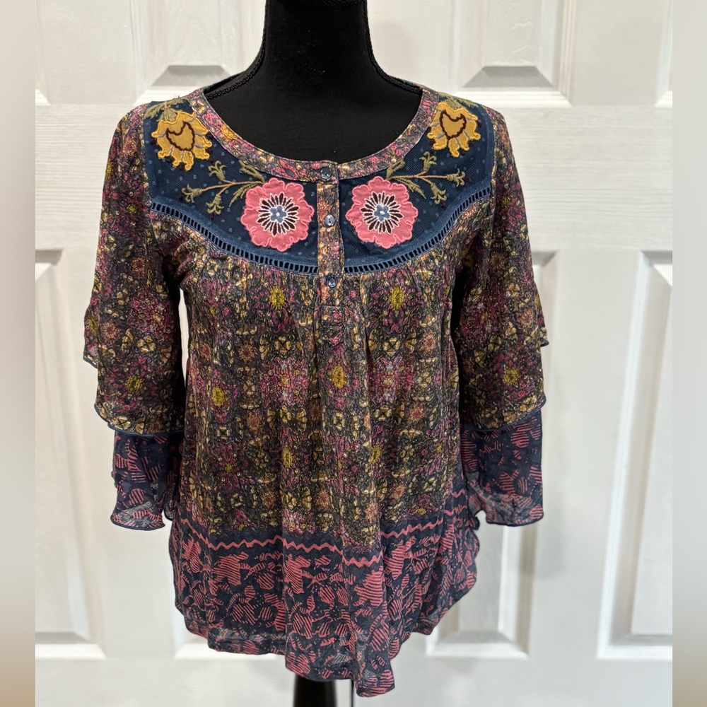 Anthropologie Embroidered Multicolor Floral Blouse size S